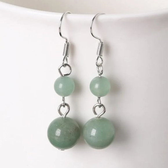 Green Aventurine Natural Stone Gemstone Round Beaded Healing Dangle Earrings - Picture 2 of 2